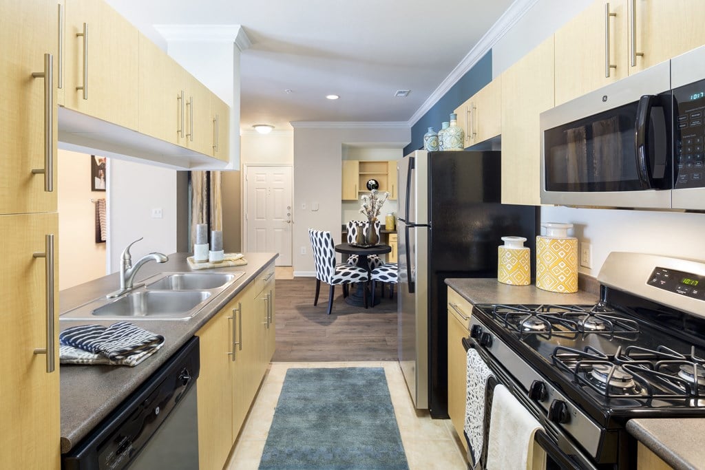 a kitchen with a stove and a sink and a refrigerator
