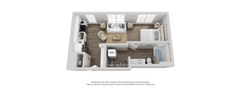 A 3D floor plan of a house with a living room, dining room, kitchen, and bathroom.
