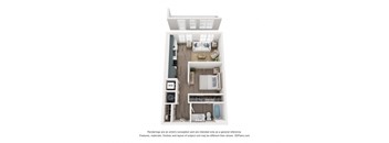 A 3D floor plan of a small apartment with a kitchen, living room, and bathroom.