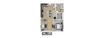 A top-down view of a small apartment with a kitchen, living room, and bedroom.