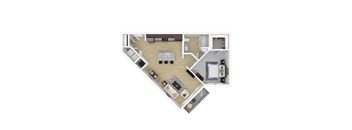 A top-down view of a small apartment layout with a living room, kitchen, and bedroom.