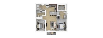 A 3D floor plan of a small apartment with a kitchen, living room, and two bedrooms.