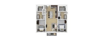 A floor plan of a small apartment with a kitchen, living room, and bedroom.