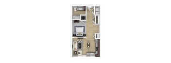 A top-down view of a small apartment with a bedroom, living room, and kitchen.