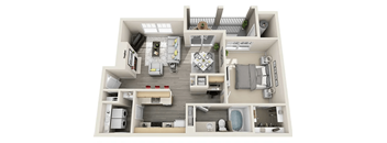 A 3D floor plan of a small apartment with a kitchen, living room, and bathroom.