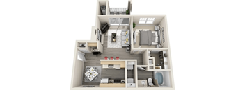 A 3D floor plan of a small apartment with a kitchen, living room, and bathroom.