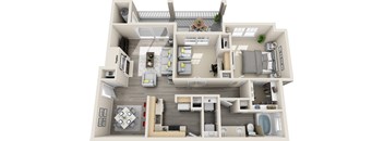 A 3D floor plan of a small apartment with a kitchen, living room, and bedroom.