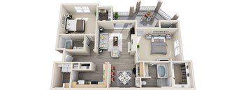 A 3D floor plan of a house with a living room, kitchen, and bedrooms.