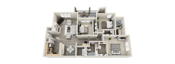A 3D floor plan of a house with multiple rooms.