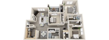 A 3D floor plan of a house with a kitchen, living room, and bedrooms.