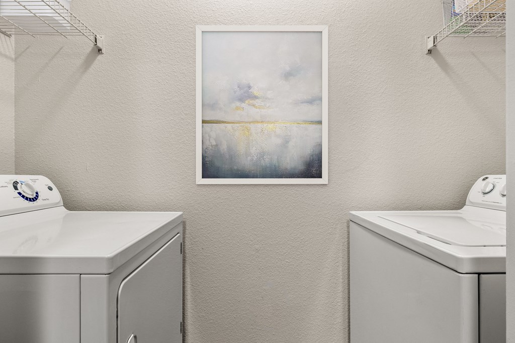 a laundry room with a washer and dryer and a painting on the wall