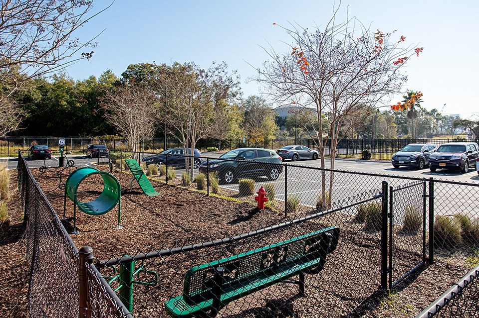 A playground with a green slide and a green bench.