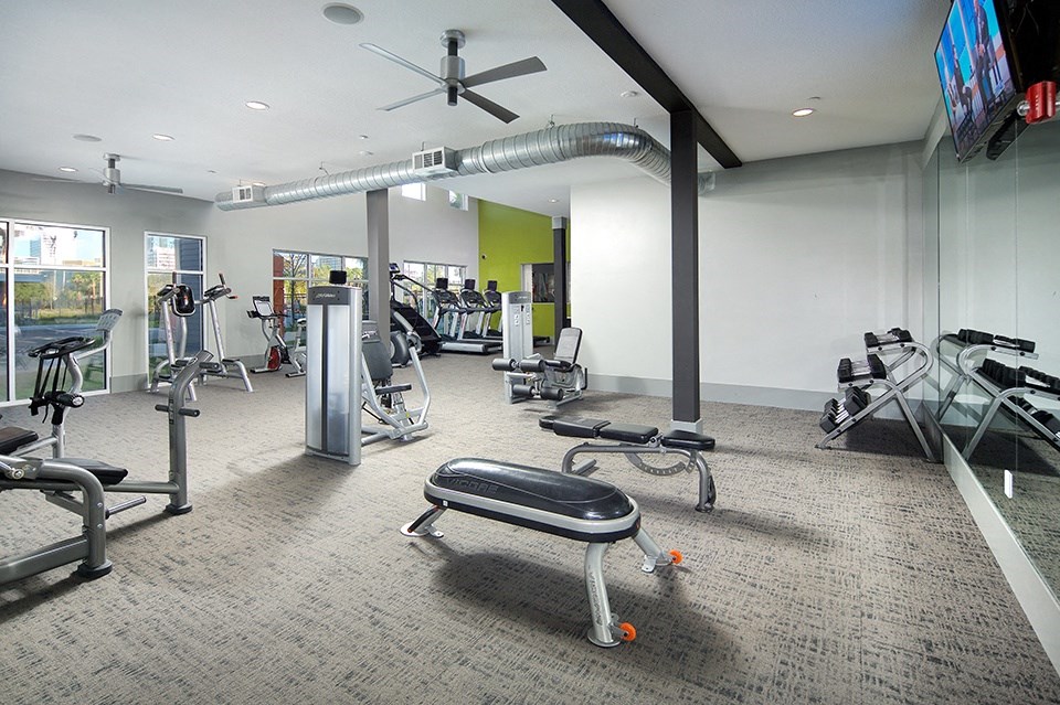 a gym with exercise equipment and a tv in a building