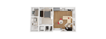 a bedroom with a bed and a chair in a room