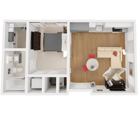 a bedroom with a bed and a chair in a room