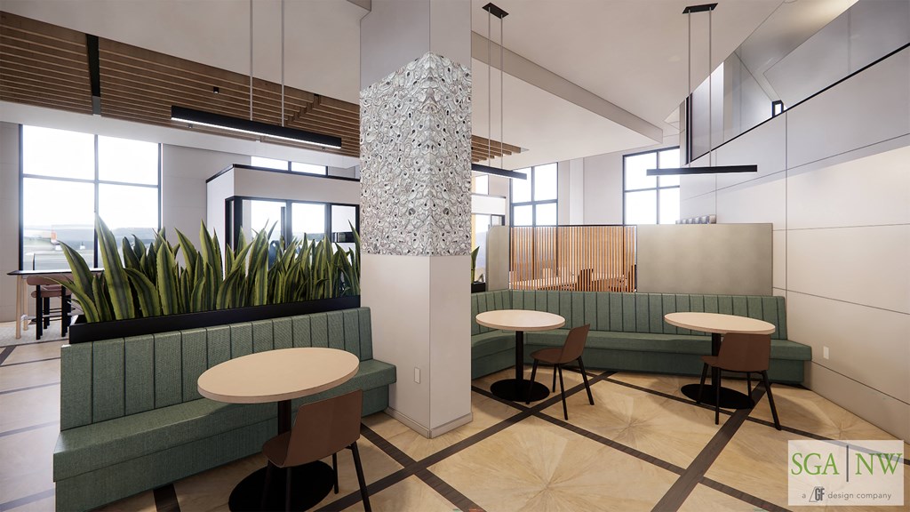 a rendering of a lobby with tables and chairs