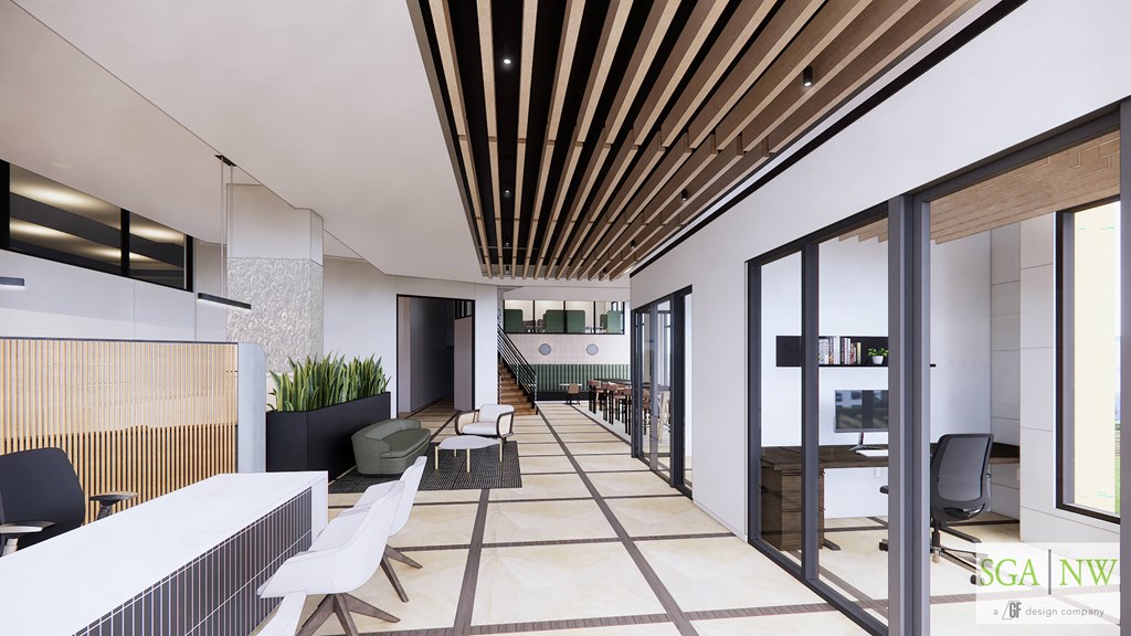 a rendering of a lobby with tables and chairs and glass doors