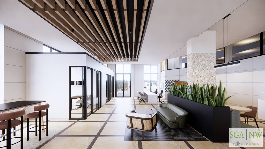 a rendering of a lobby with a living room and a dining room