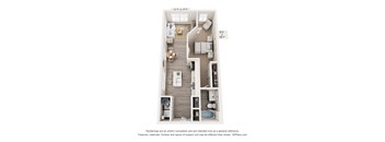 A floor plan of a one bedroom apartment with a kitchen and bathroom.
