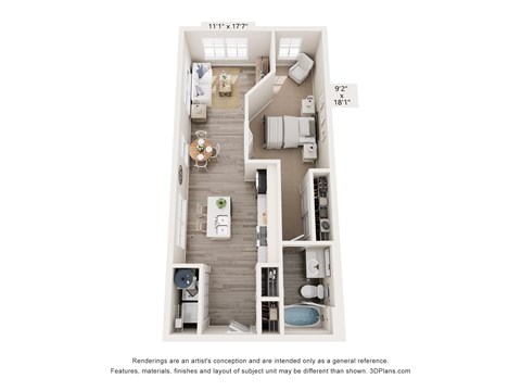A floor plan of a one bedroom apartment with a kitchen and bathroom.