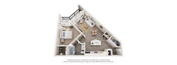 A 3D floor plan of a house with a living room, kitchen, and two bedrooms.