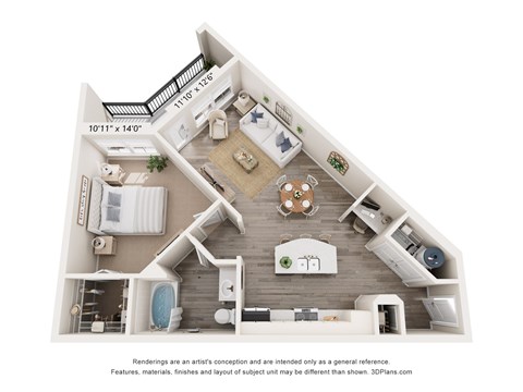 A 3D floor plan of a house with a living room, kitchen, and two bedrooms.