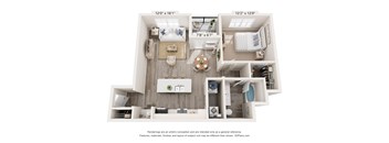 A 3D floor plan of a small apartment with a kitchen, living room, and bathroom.