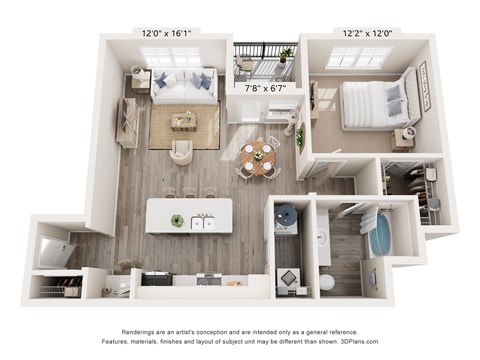 A 3D floor plan of a small apartment with a kitchen, living room, and bathroom.