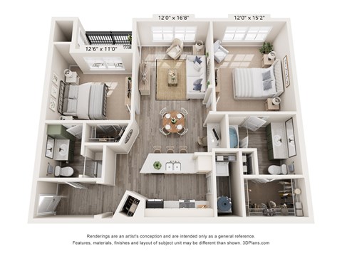 A 3D floor plan of a small apartment with a kitchen, living room, and bedrooms.