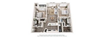 A 3D floor plan of a small apartment with a kitchen, living room, and bedrooms.