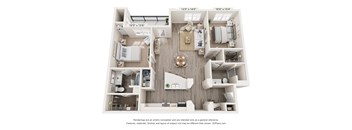 A 3D floor plan of a house with a living room, kitchen, and two bedrooms.