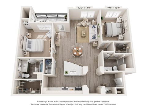 A 3D floor plan of a house with a living room, kitchen, and two bedrooms.
