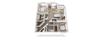 A 3D floor plan of a small apartment with a kitchen, living room, and bathroom.