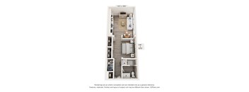 A 3D floor plan of a small apartment with a kitchen, living room, and bedroom.