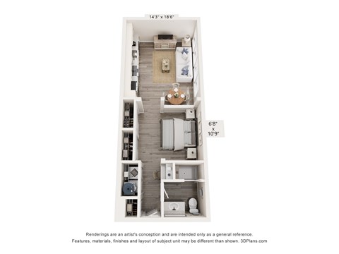 A 3D floor plan of a small apartment with a kitchen, living room, and bedroom.