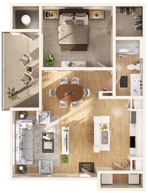 a 3D floorplan of a one bedroom apartment