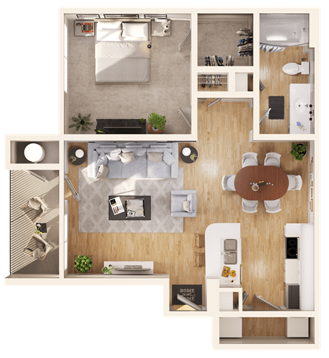 a 3D floorplan of a one bedroom floorplan