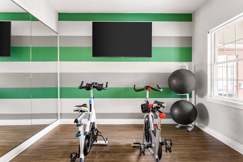a gym with three bikes and a tv on the wall