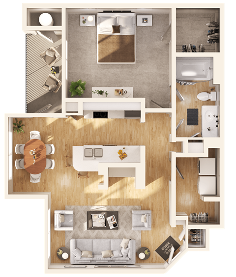 a 3D floorplan of a one bedroom apartment