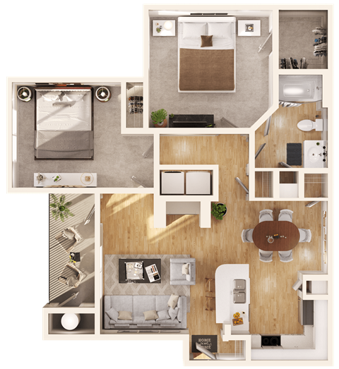 a 3D floorplan of a two bedroom apartment
