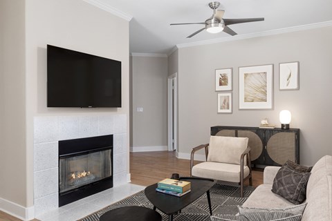a living room with a fireplace and a television
