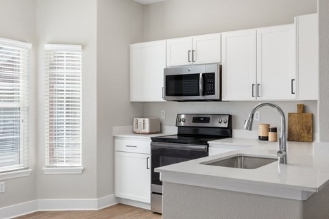 a kitchen with white cabinets and stainless steel appliances and a sink