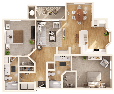 a 3D floorplan of a two bedroom apartment