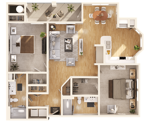 a 3D floorplan of a two bedroom apartment