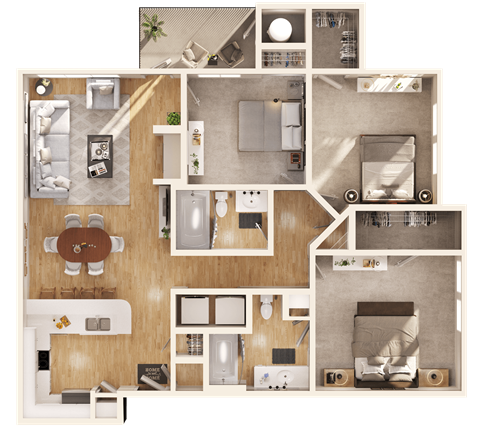 a 3D floorplan of a three bedroom apartment