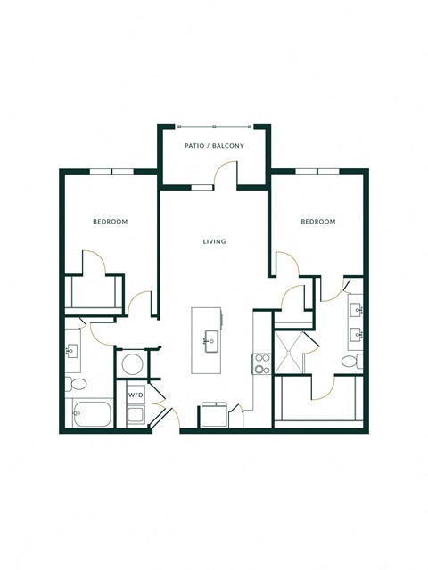 The Hartley Two Bedroom unit B2F with Two Bathrooms, Living Room and Center Balcony