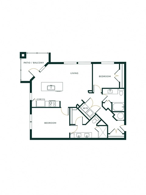 The Hartley Two Bedroom Unit B2K with Two Bathrooms, Living Room and Balcony attached to Kitchen