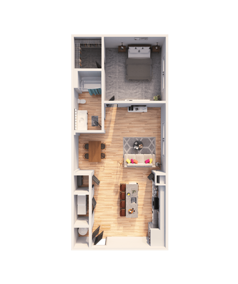 a 3D floorplan of a one bedroom floorplan