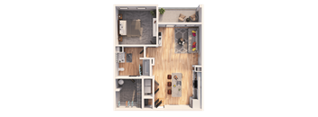 a 3D floorplan of a one bedroom floorplan
