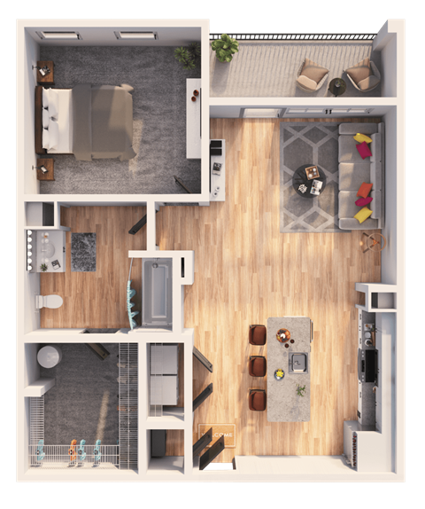 a 3D floorplan of a one bedroom floorplan